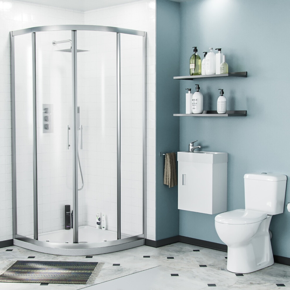 Lindley 3-Piece Shower Suite: 900mm Quadrant Enclosure, Tray, WC Toilet, Wall Hung 400mm Vanity Basin