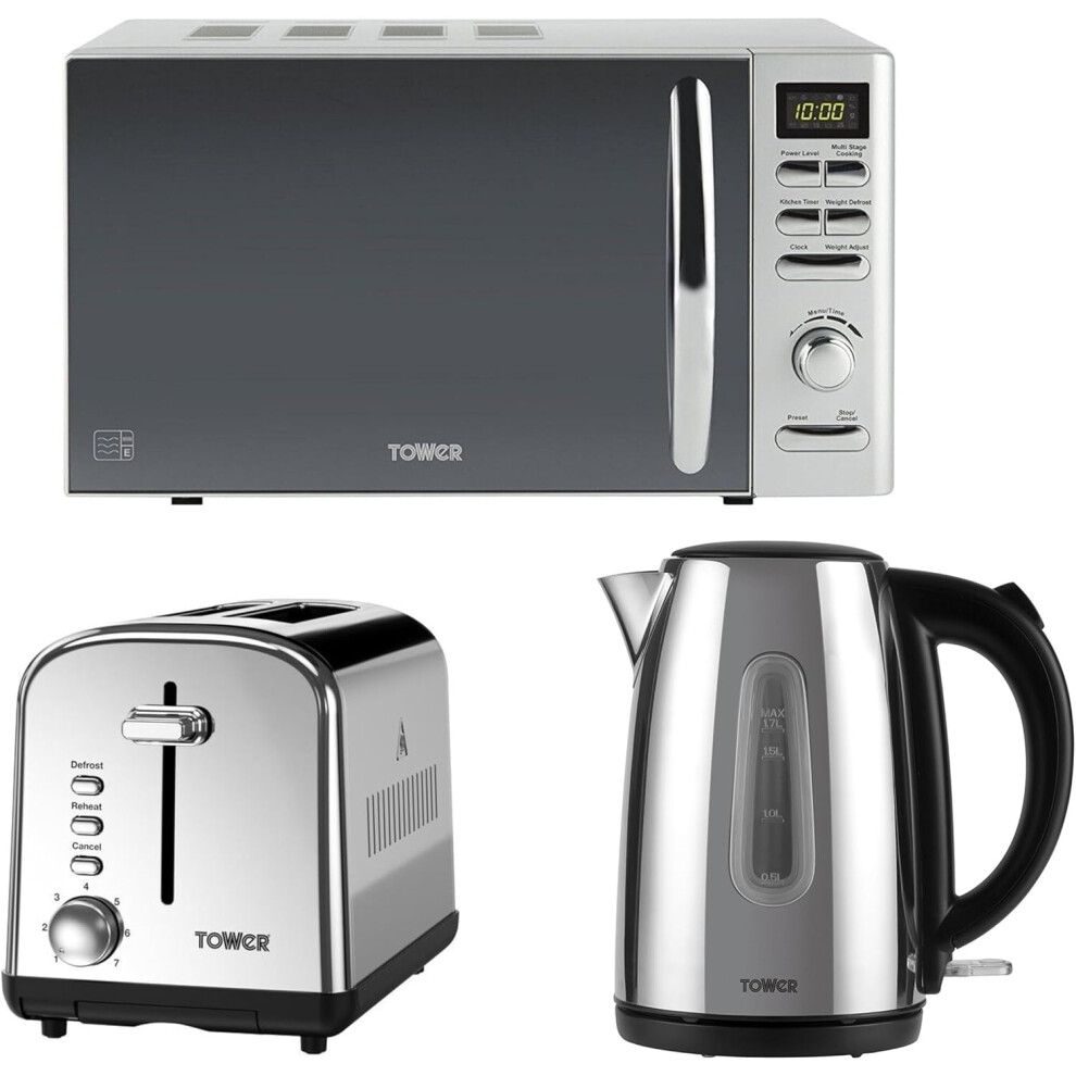 Tower Infinity Polished Steel Kettle, 2 Slice Toaster & Microwave Set