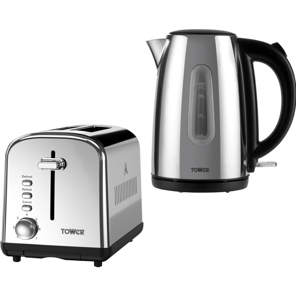 Tower Infinity Polished Steel Kettle & 2 Slice Toaster Matching Set