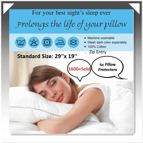 Luxury Pack of 4 Pillow Protectors 100% Cotton Hypoallergenic Dust- mite, Zipped Entry, White Colour, Size 74 x 48cm.