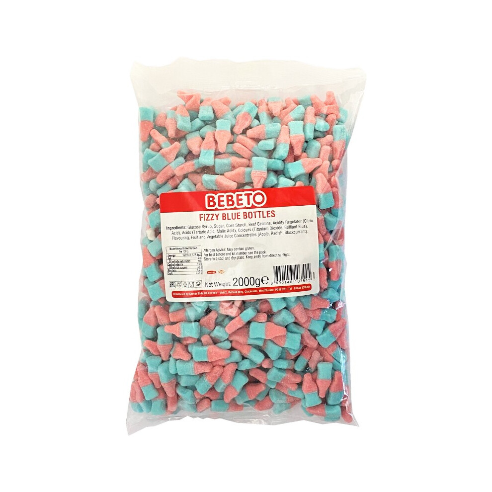 (Fizzy Blue Bottles (16020492)) Peach Rings, Sour Worms Bebeto 2KG Bags Full Range Halal Certified Sweets