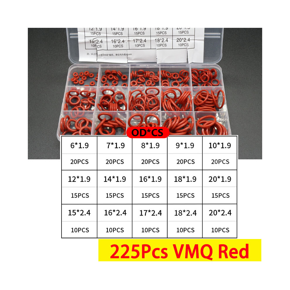 (225Pcs Vmq Red) Boxed Vmq Nbr Fkm O Ring Set Rubber Washer Seals Assortment Red/Black/Green O-Ring Seals Set High Quality For Car Gasket 9454443750434