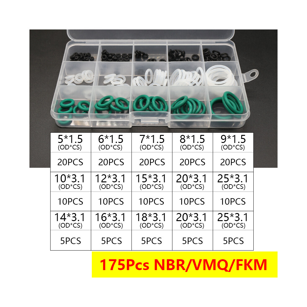(175Pcs NBR WVMQ FKM) Boxed VMQ NBR FKM O Ring Set Rubber Washer Seals Assortment Red/Black/Green O-Ring Seals Set High Quality For Car Gasket-image-OPC-PF7KHXX-NEW