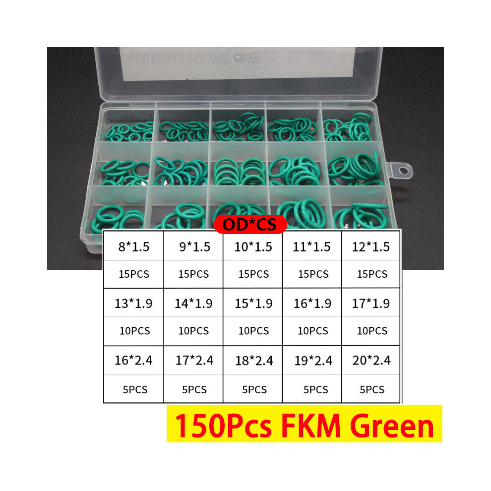 (150Pcs Fkm Green) Boxed Vmq Nbr Fkm O Ring Set Rubber Washer Seals Assortment Red/Black/Green O-Ring Seals Set High Quality For Car Gasket 9454443750533
