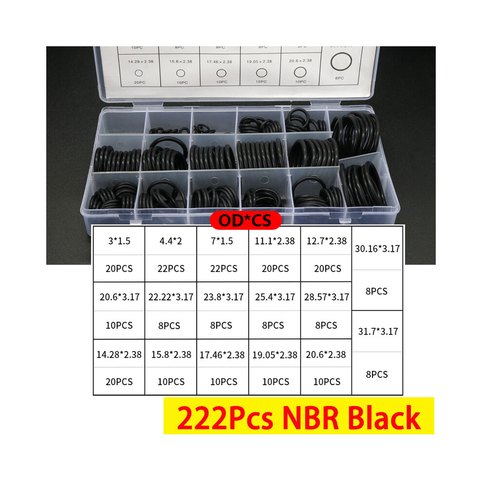 (222Pcs Nbr Black) Boxed Vmq Nbr Fkm O Ring Set Rubber Washer Seals Assortment Red/Black/Green O-Ring Seals Set High Quality For Car Gasket 9454443750557