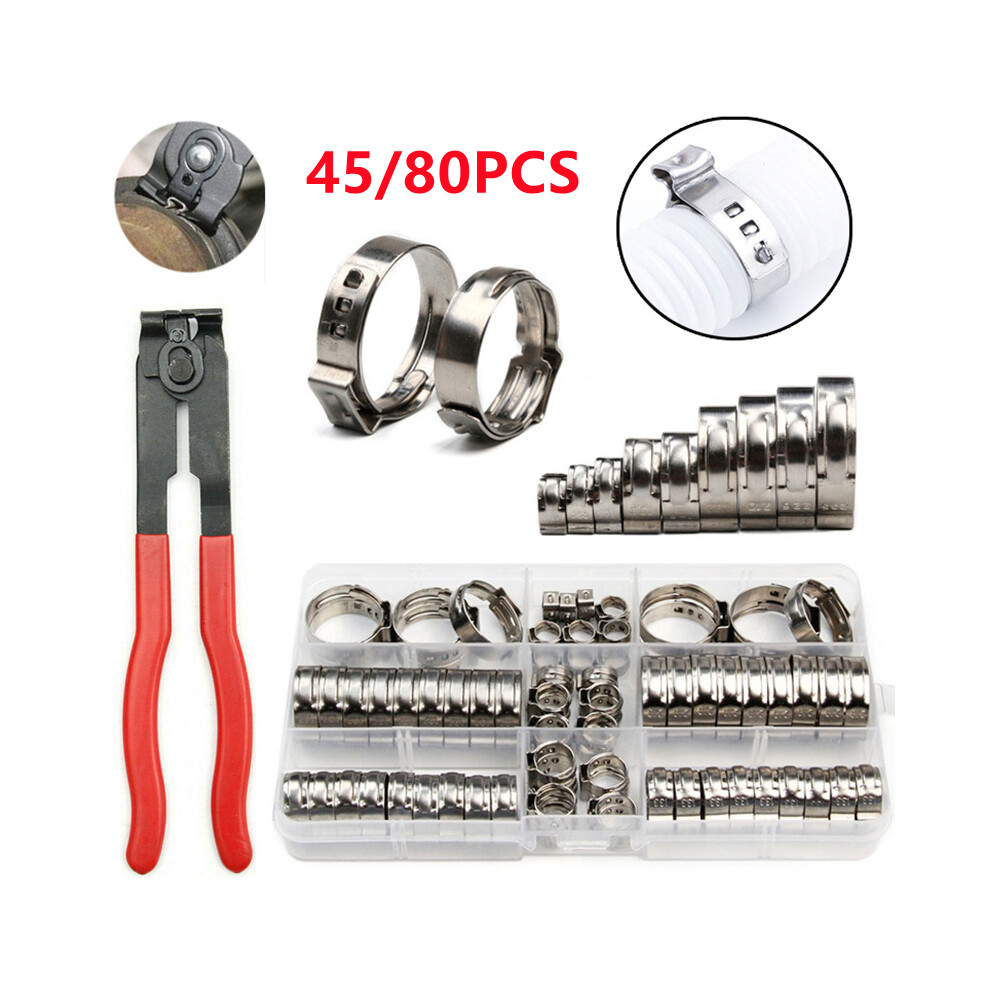 45/80Pcs Single Ear Stepless Hose Clamps 304 Stainless Steel Pipe Clamps Cinch Clamp Rings Or Manual Pliers Box 5.8-23.5Mm 9454443781858