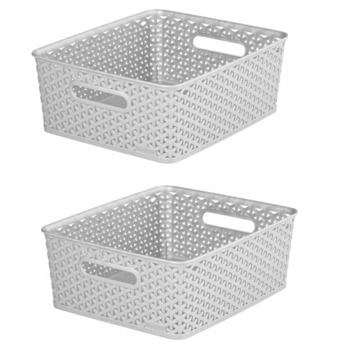 Curver 2x Grey 13L Curver Nestable Plastic Rattan Storage Basket 35.5x29.5cm