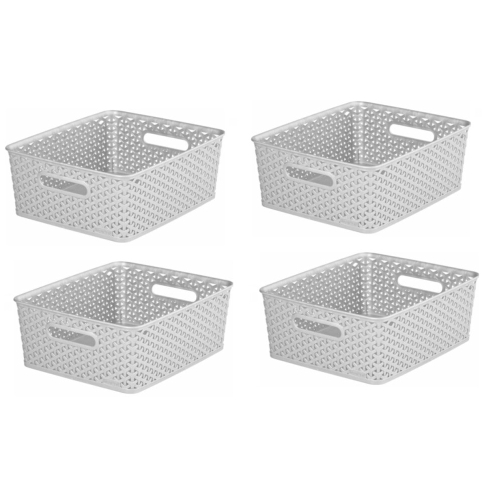 4x Grey 13L Curver Nestable Plastic Rattan Storage Basket 35.5x29.5cm