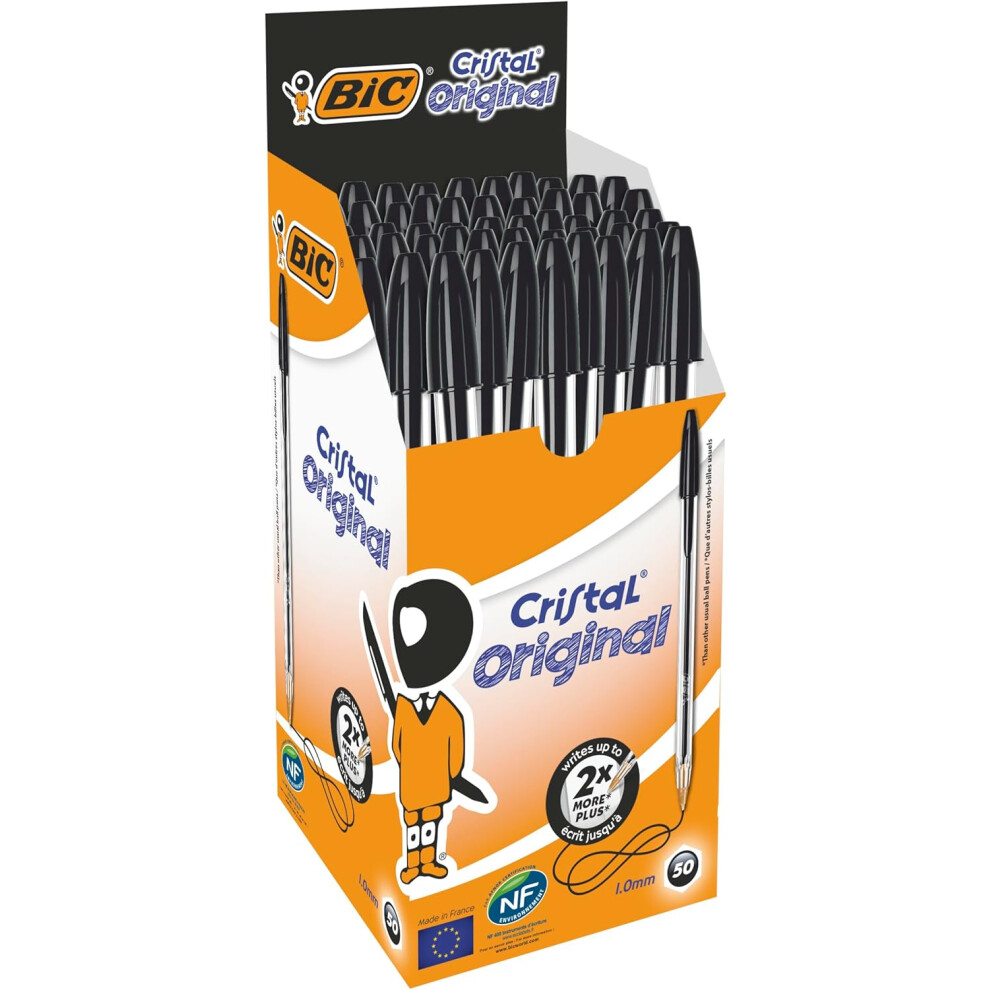 BIC Cristal Original Smudge Free Ballpoint Pens, Ideal for School, Black, Medium Point (1.0mm), Pack of 50