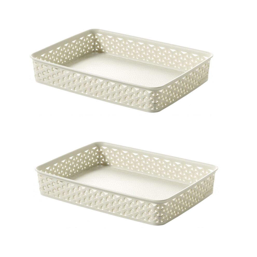 2x Cream A4 Paper Tray Curver Basket Plastic Rattan Desk Organise