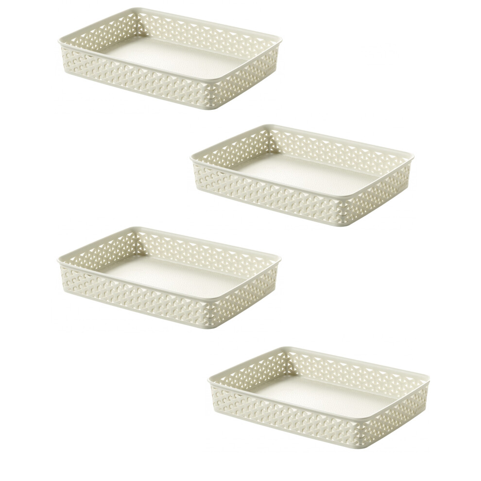 4x Cream A4 Paper Tray Curver Basket Plastic Rattan Desk Organise