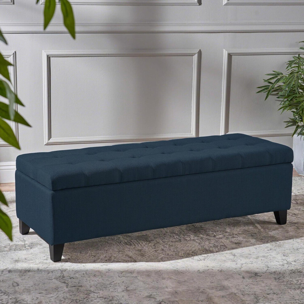 Ottoman Storage Bench Seat Navy Blue Upholstered Finish Home Furniture