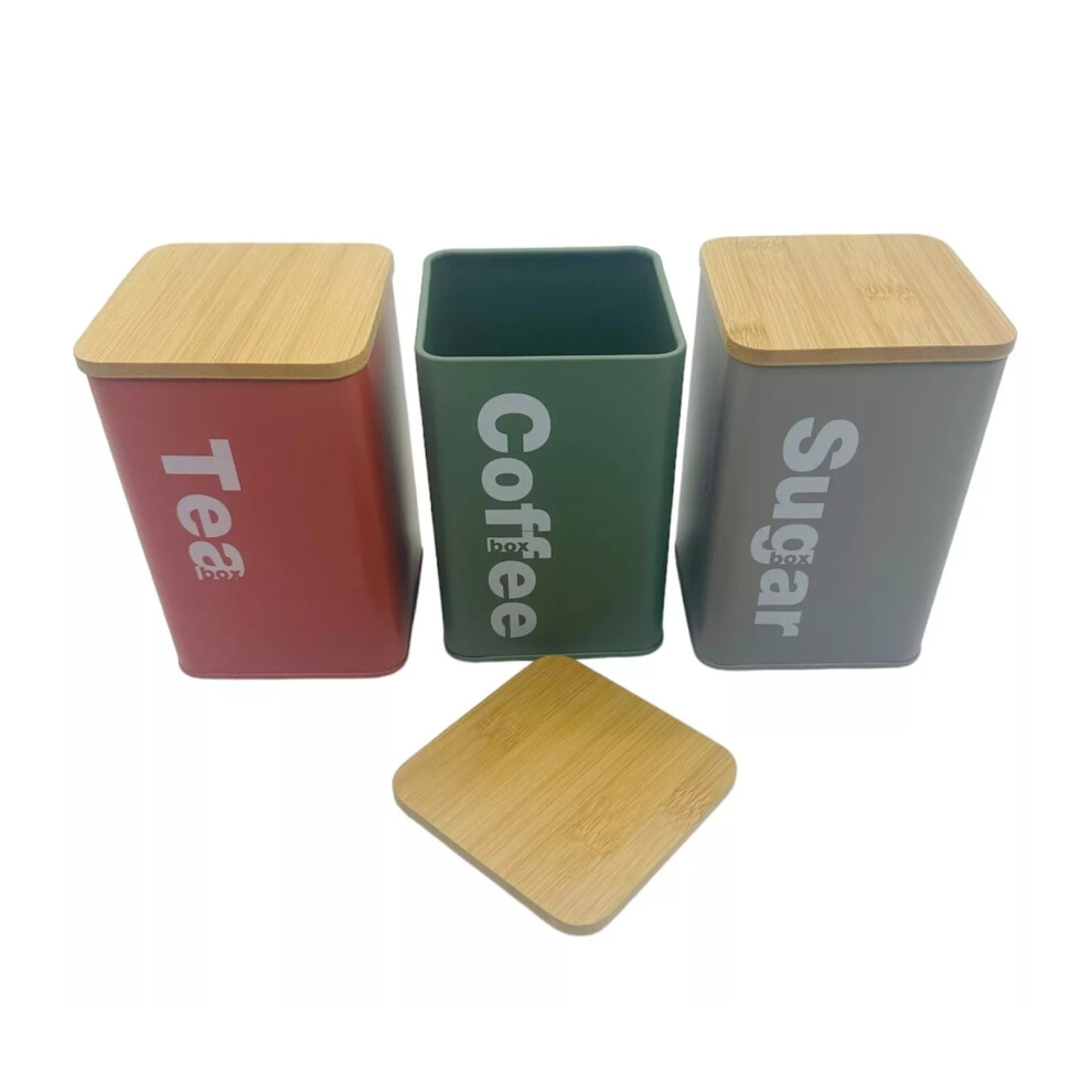 Ez Pack 3Pc Tea Coffee Sugar Metal Modern Canisters Jars Storage Tins With Bamboo Lids