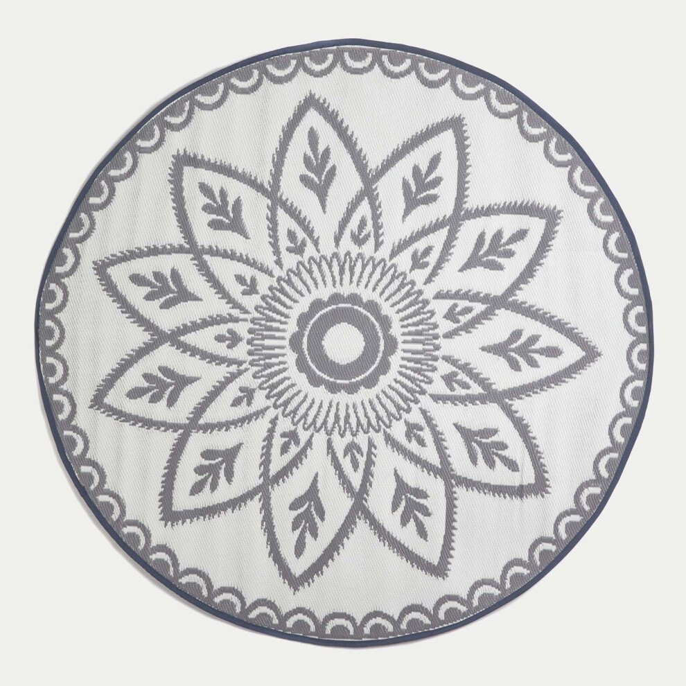 Henna Pattern White & Grey Outdoor Rug, 180cm Round