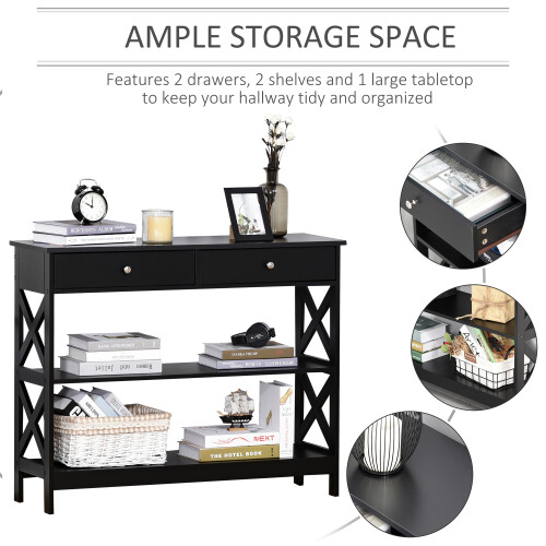 Homcom HOMCOM Console Table Side Desk Shelves Drawers Open Top X Support Hallway Black 1