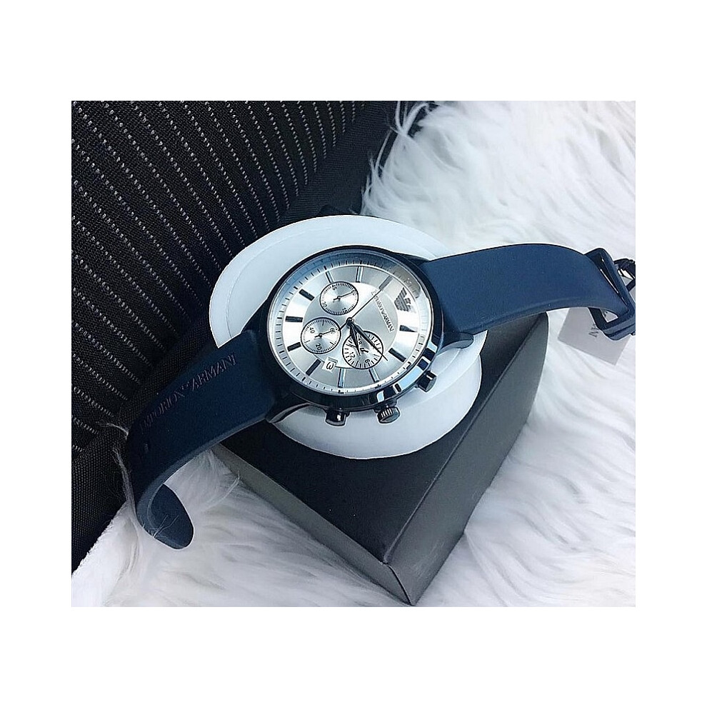 EMPORIO ARMANI AR11026 MENS WATCH SILICONE STRAP SILVER DIAL BLUE CASE