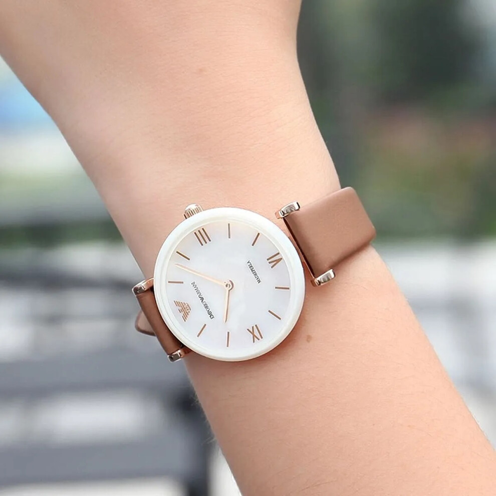 EMPORIO ARMANI AR11040 WOMENS WATCH BROWN STRAP WHITE DIAL WHITE CASE