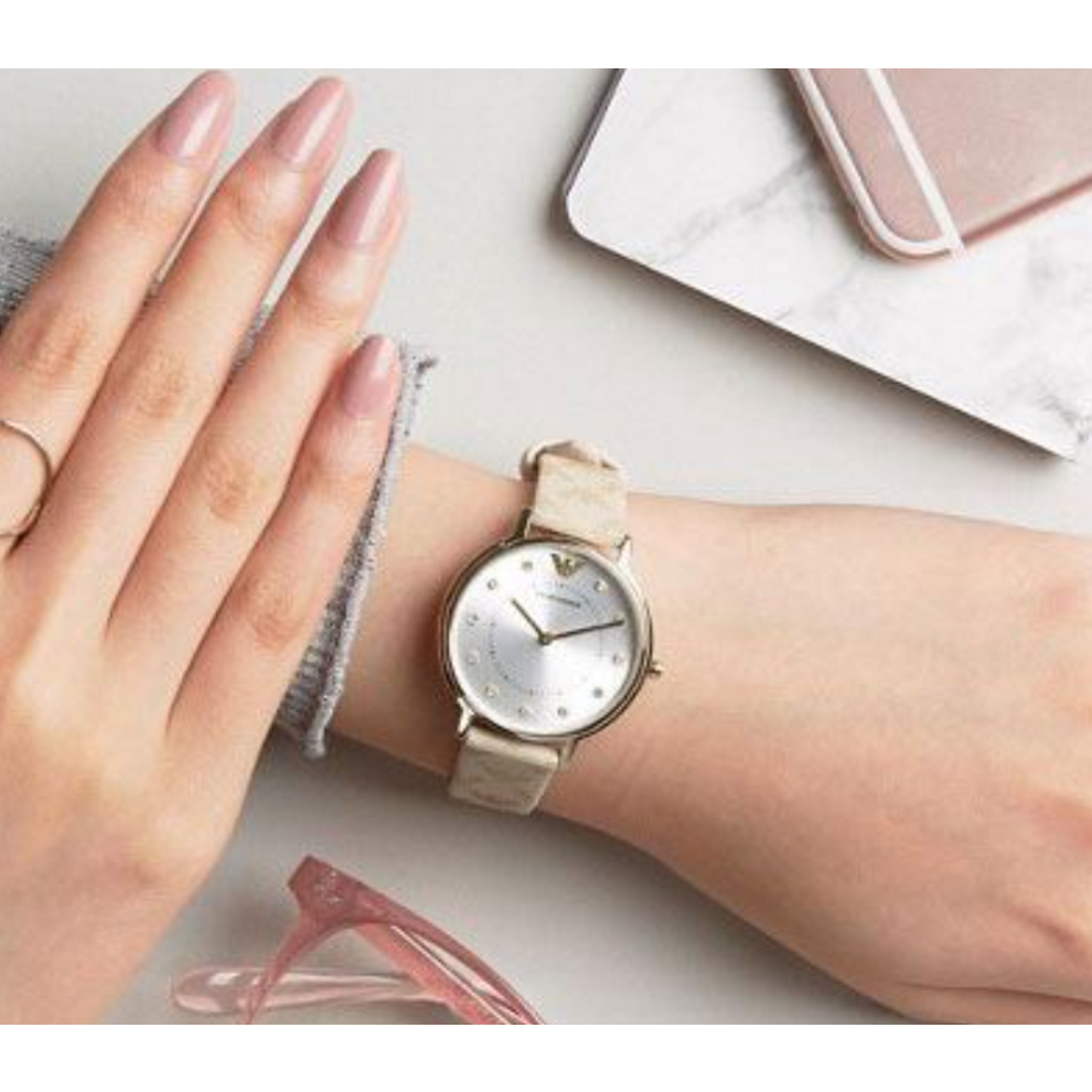 EMPORIO ARMANI AR11042 WOMENS WATCH BEIGE STRAP SILVER DIAL GOLD CASE