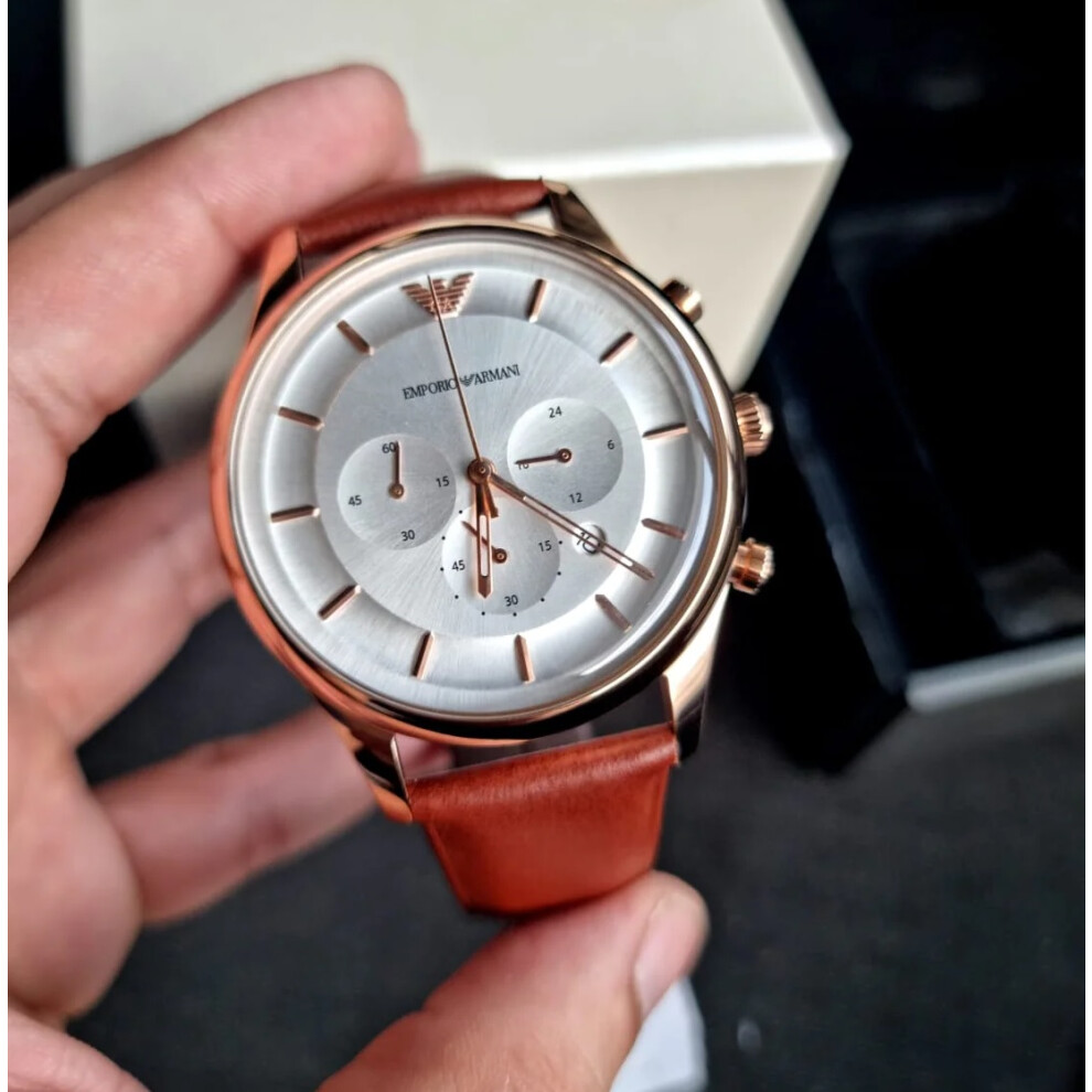 ARMANI AR11043 MENS WATCH BROWN STRAP SILVER DIAL ROSE GOLD CASE