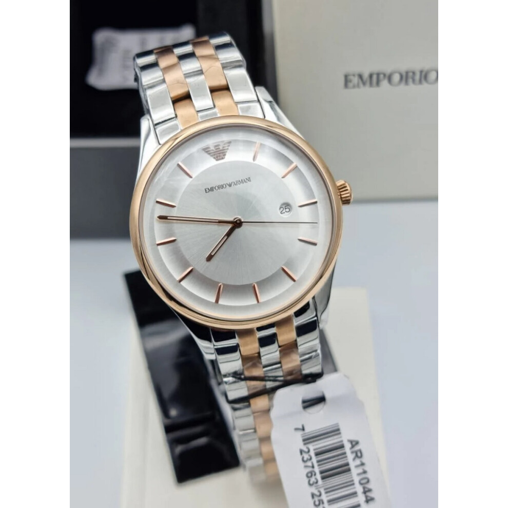 ARMANI AR11044 MENS WATCH SILVER ROSE GOLD STRAP SILVER DIAL ROSE