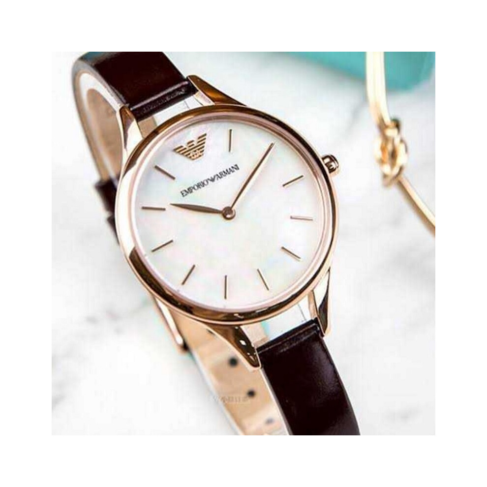 EMPORIO ARMANI AR11057 WOMENS WATCH BROWN STRAP WHITE ROSE GOLD CASE