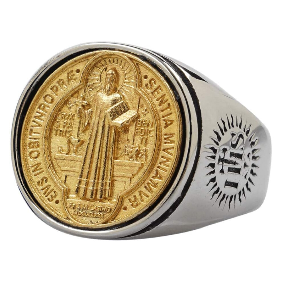(9) Two Tone Titanium Stainless Steel Catholic St Benedict Medal Cross Ring for Men Women