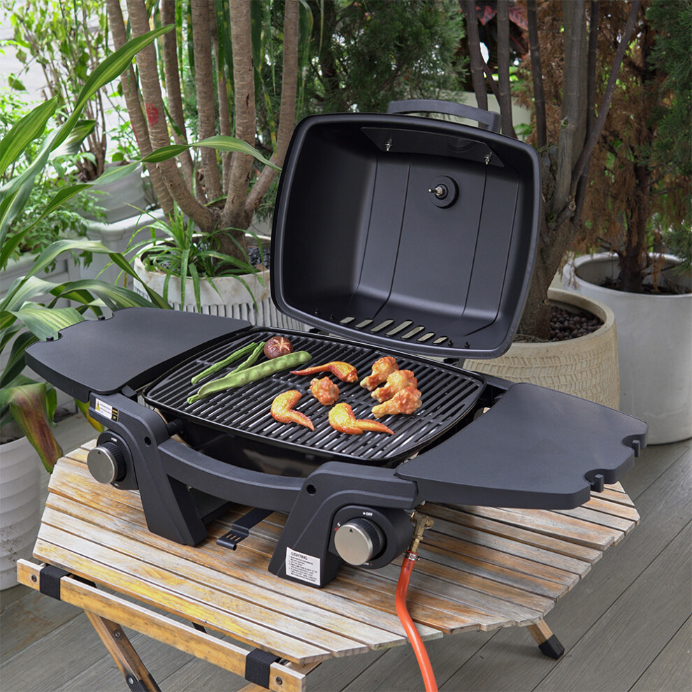 Portable Gas Grill Propane Grill with Side Tables and Lid, Temperature Monitor
