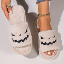 (Khaki Color, 6.5-7) Halloween Pumpkin Plush Slippers - Ultra-Soft Open Toe Coziness