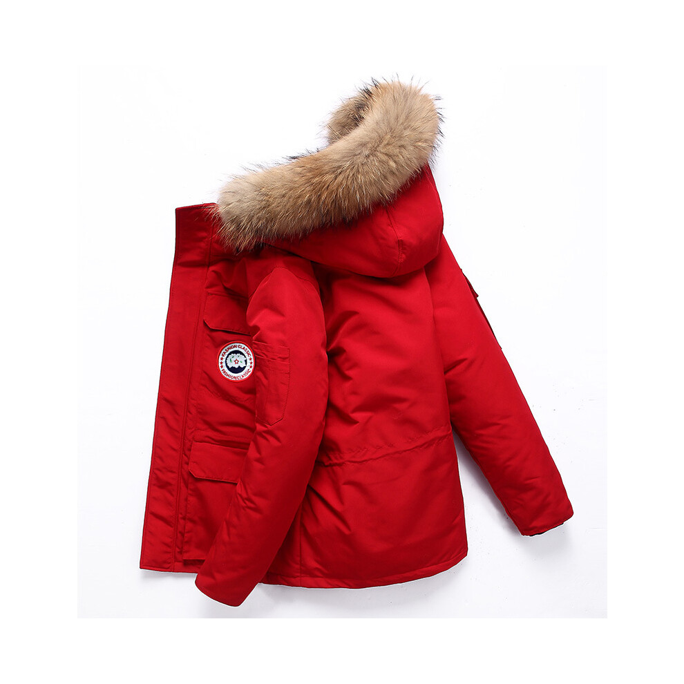 (Red, UK 16) Man Winter Fur Hooded Padded jacket Cotton Coat UK