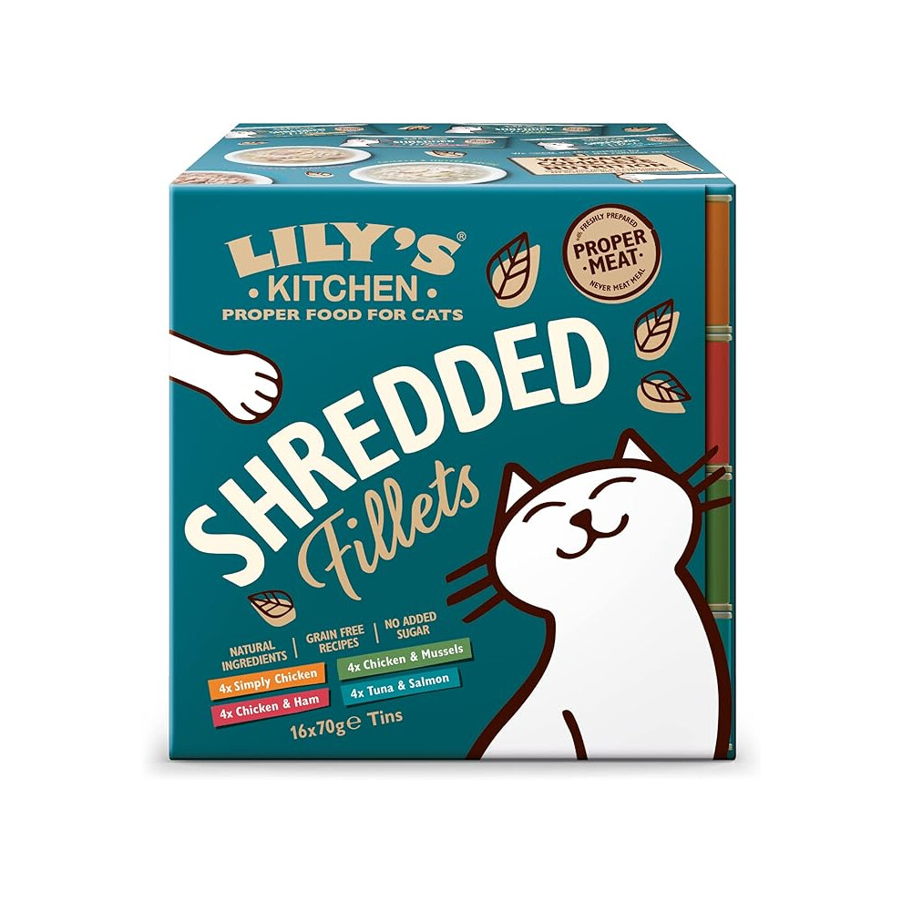 Lily's Kitchen Shredded Fillets Multipack Grain Free Natural Adult Wet Cat Food Chicken Chicken & Mussels Chicken & Ham Tuna & Salmon(16 Tins x 70 g)