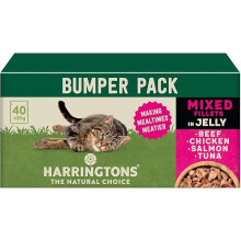 HARRINGTONS Complete Wet Pouch Grain Free Hypoallergenic Adult Cat Food Mixed in Jelly Pack 40x85g - Beef, Chicken, Salmon & Tuna Mealtimes Meatier