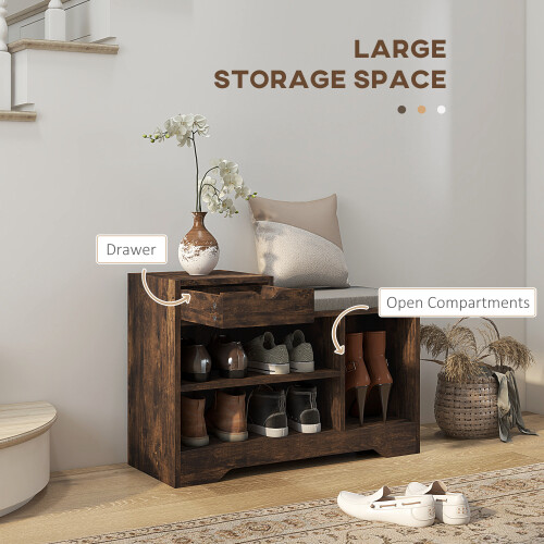 Homcom HOMCOM Upholstered Entryway Shoe Bench with Storage Drawer Open Shelf Brown 2