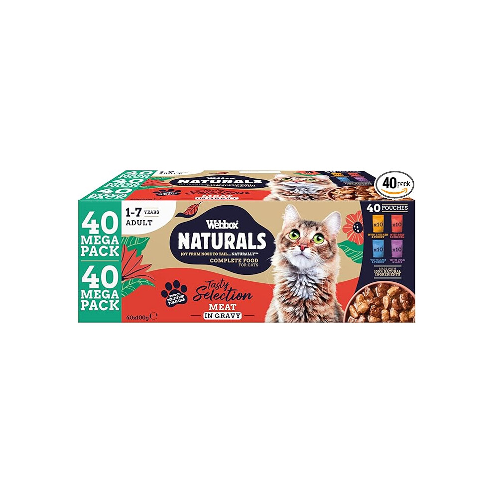 WEBBOX NATURALS Complete Adult Wet Cat Food, 40 x Meat in Gravy Variety Mega Pack - Made with Natural Ingredients and No Nasties (40 x 100g Pouches)