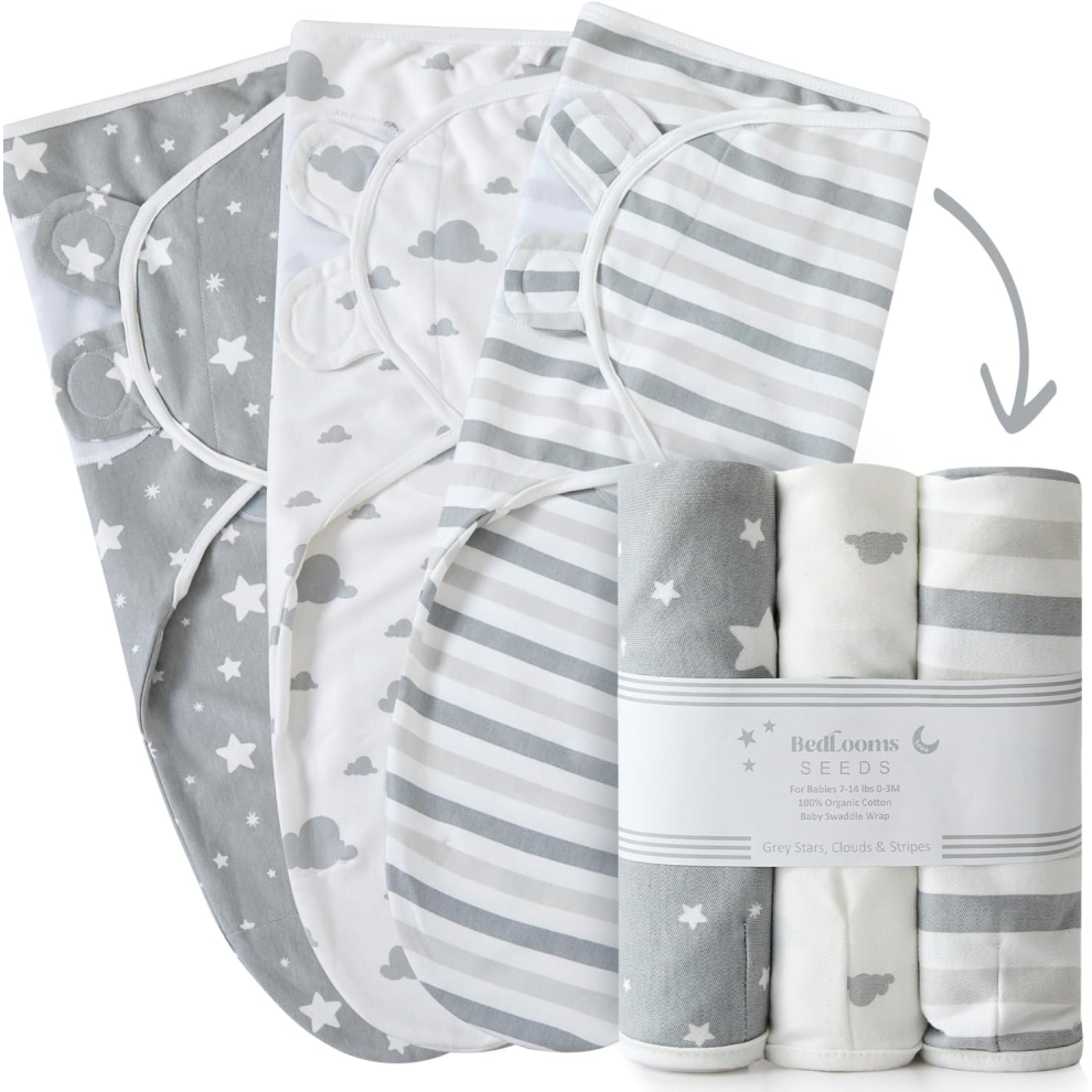 (Grey, Pack of 3) Swaddle Blanket 0-3 Months - 100% Cotton Babies Wrap Newborn - Set of 2 & 3 Swaddles Essentials for Newborn Boy and Girl
