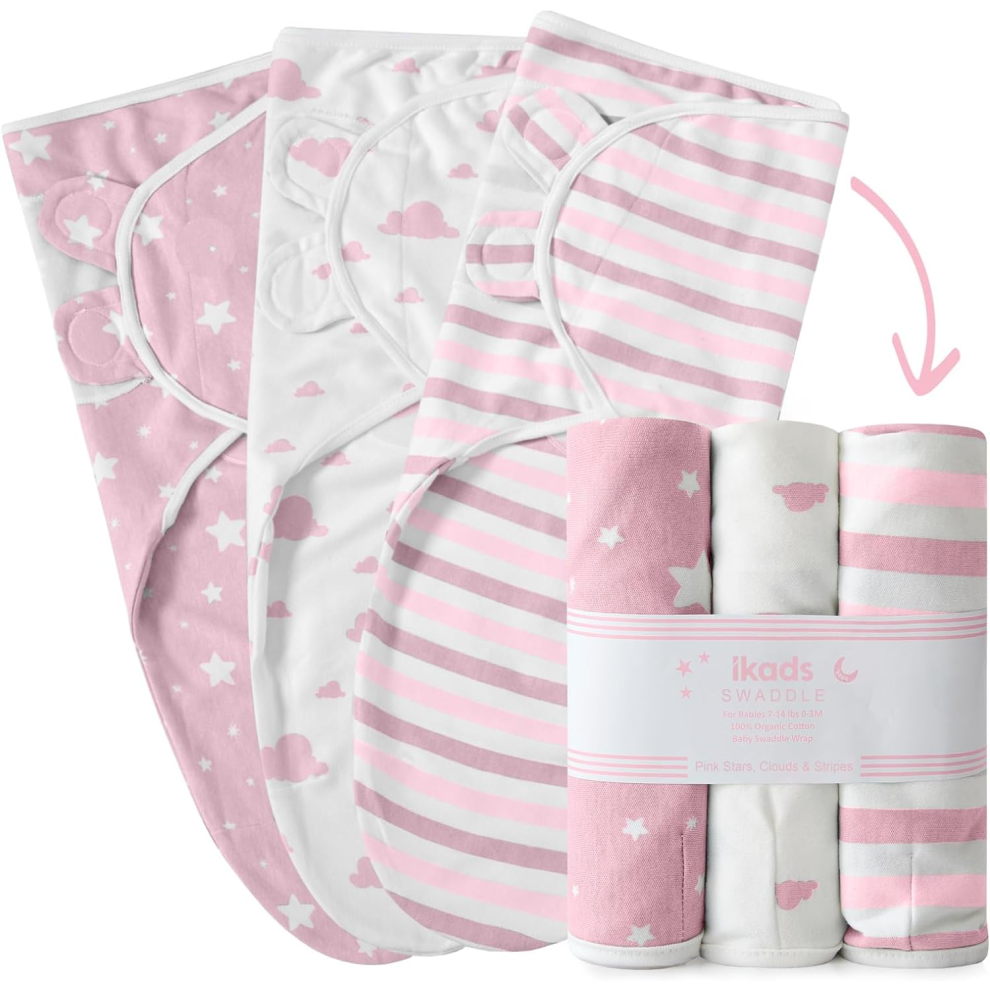(Pink, Pack of 3) Swaddle Blanket 0-3 Months - 100% Cotton Babies Wrap Newborn - Set of 2 & 3 Swaddles Essentials for Newborn Boy and Girl