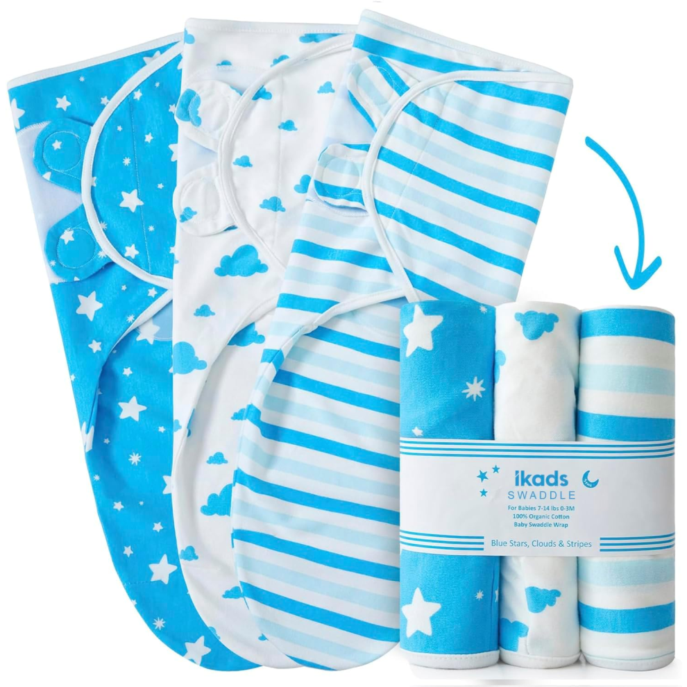 (Blue, Pack of 3) Baby Swaddles Wrap & Blankets 2, 3-Pack 0-3 Months