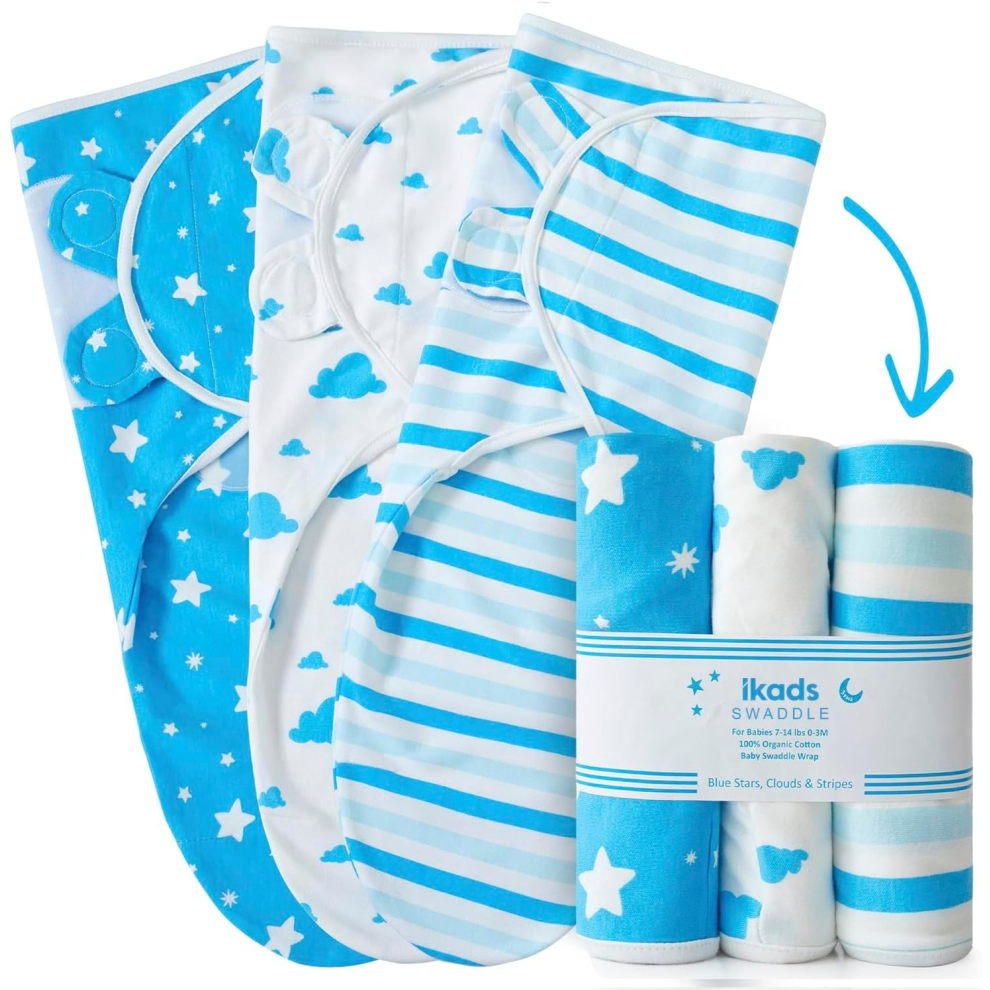 (Blue, Pack of 3) Swaddle Blanket 0-3 Months - 100% Cotton Babies Wrap Newborn - Set of 2 & 3 Swaddles Essentials for Newborn Boy and Girl