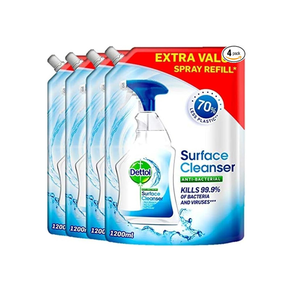 DETTOL Surface Cleaner Pouch Refill, Multipack of 4 X 1.2L, Total 4.8L, Antibacterial Disinfectant Surface Cleaning Spray  Household Cleaners