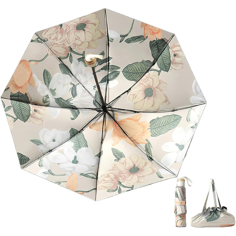 (Freesia) Mini Folding Umbrella for Rain and Sun Portable Umbrella for Travel Compact with Organizer Tote Bag UV Protection Windproof