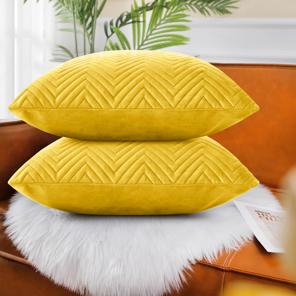 (Embossed Ochre/Yellow Velvet Cushion Cover, 2 Cushion Covers (Pack of 2)) Plush Velvet Soft Cushion Cover Throw Pillowcase