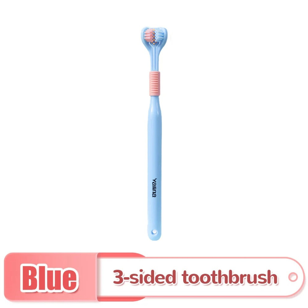 (Blue) 3D Stereo Three-Sided Toothbrush Ultra Fine Soft Hair Adult Toothbrush Tongue Scraper Deep Cleaning Health Oral Care Teeth Brush