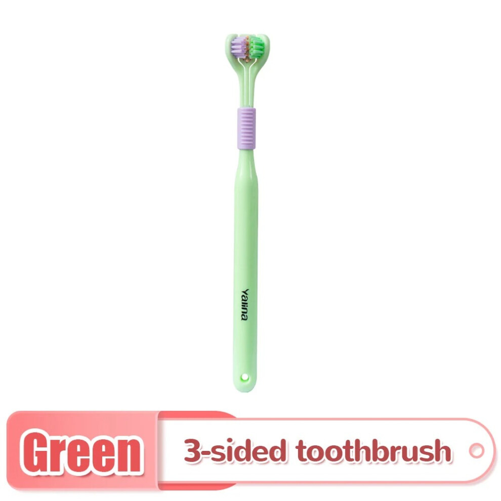 (Green) 3D Stereo Three-Sided Toothbrush Ultra Fine Soft Hair Adult Toothbrush Tongue Scraper Deep Cleaning Health Oral Care Teeth Brush