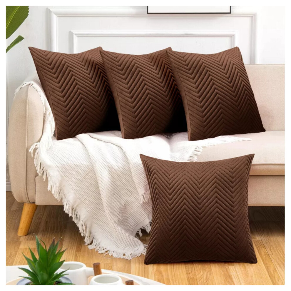 (Embossed Coffee Velvet Cushion Cover, 4 Cushion Covers (Pack of 4)) Plush Velvet Soft Cushion Cover Throw Pillowcase