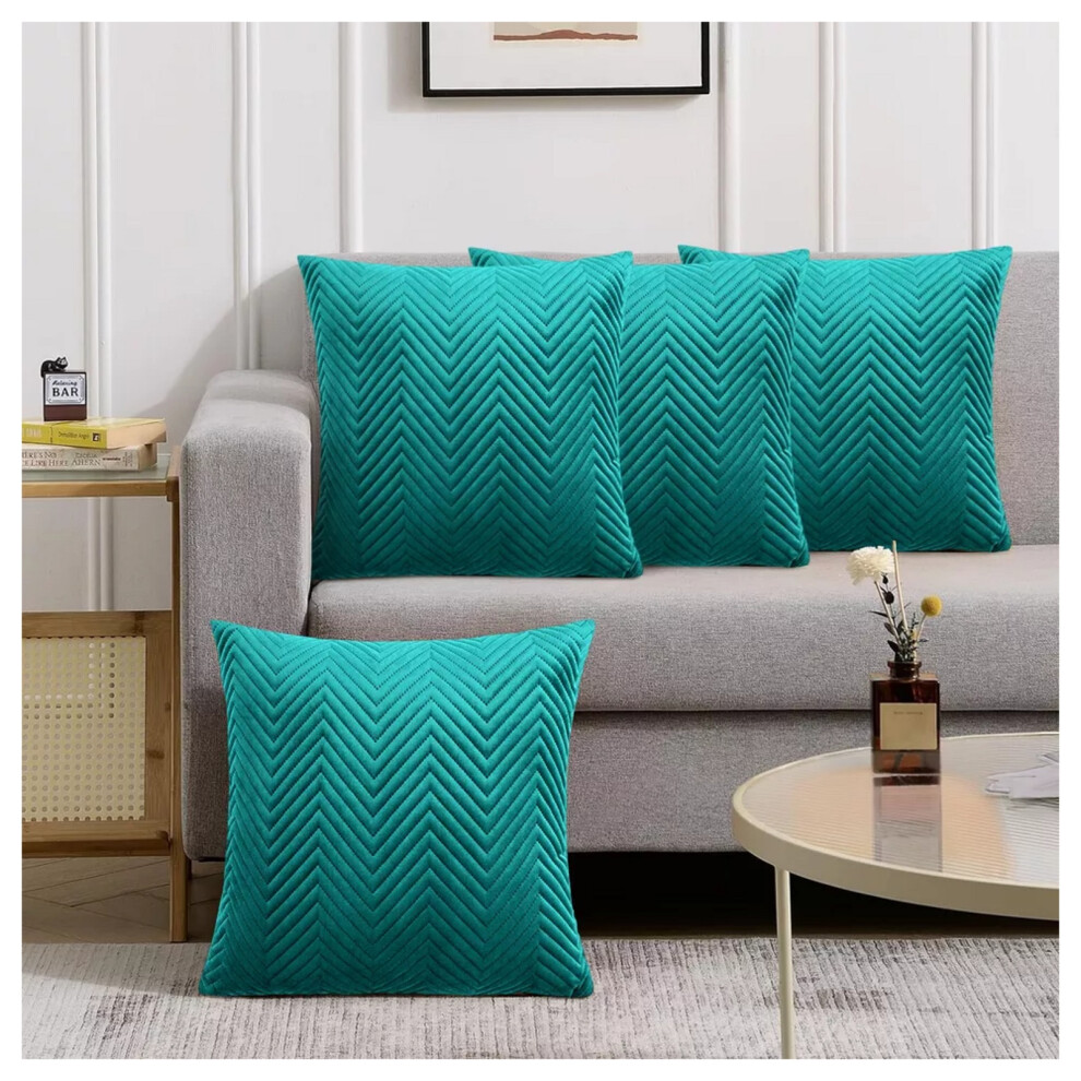 (Embossed Green Emerald Velvet Cushion Cover, 4 Cushion Covers (Pack of 4)) Plush Velvet Soft Cushion Cover Throw Pillowcase