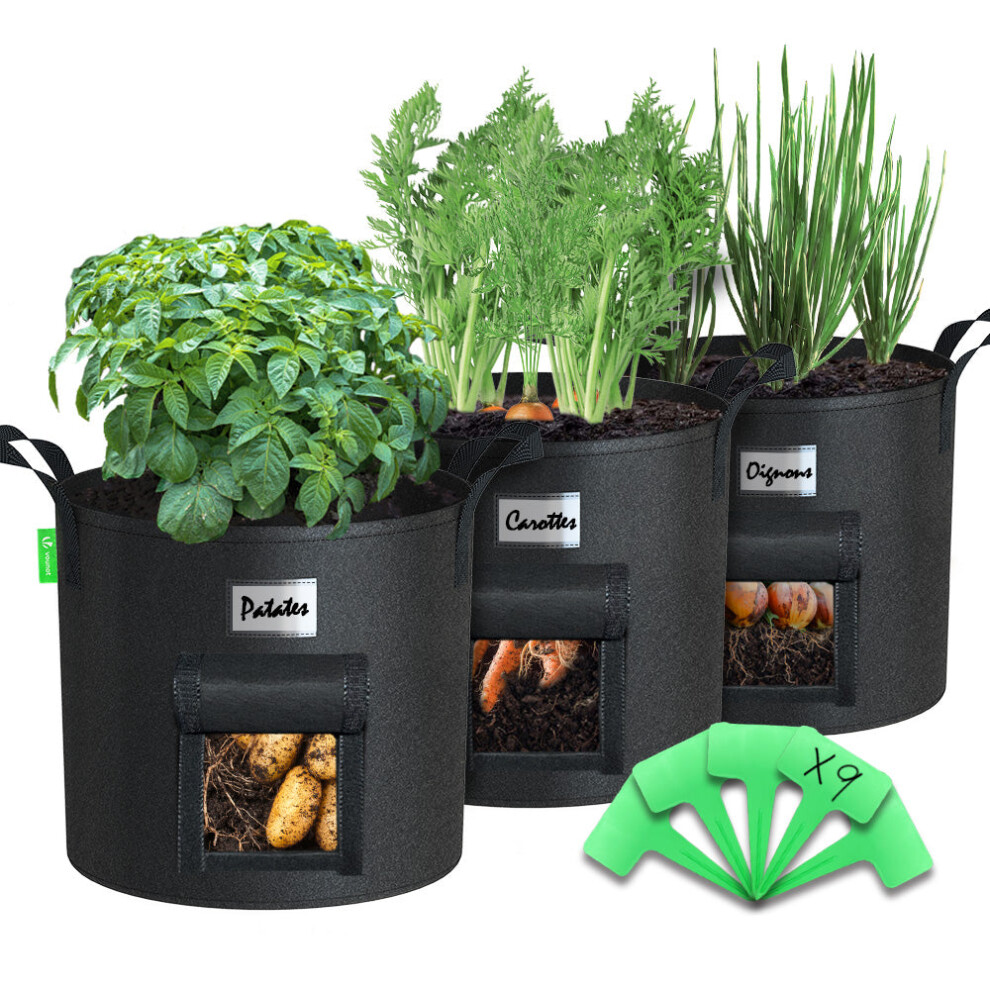 VOUNOT 3 Pack Plant Grow Bags 43L, Vegetable Growing Containers with Handles, Plant labels