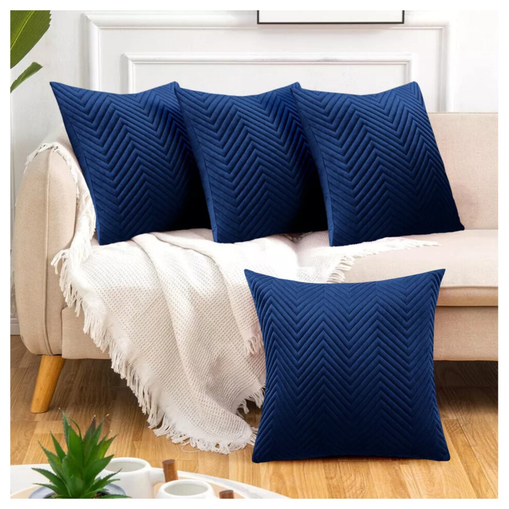 (Embossed Navy Blue Velvet Cushion Cover, 4 Cushion Covers (Pack of 4)) Plush Velvet Soft Cushion Cover Throw Pillowcase