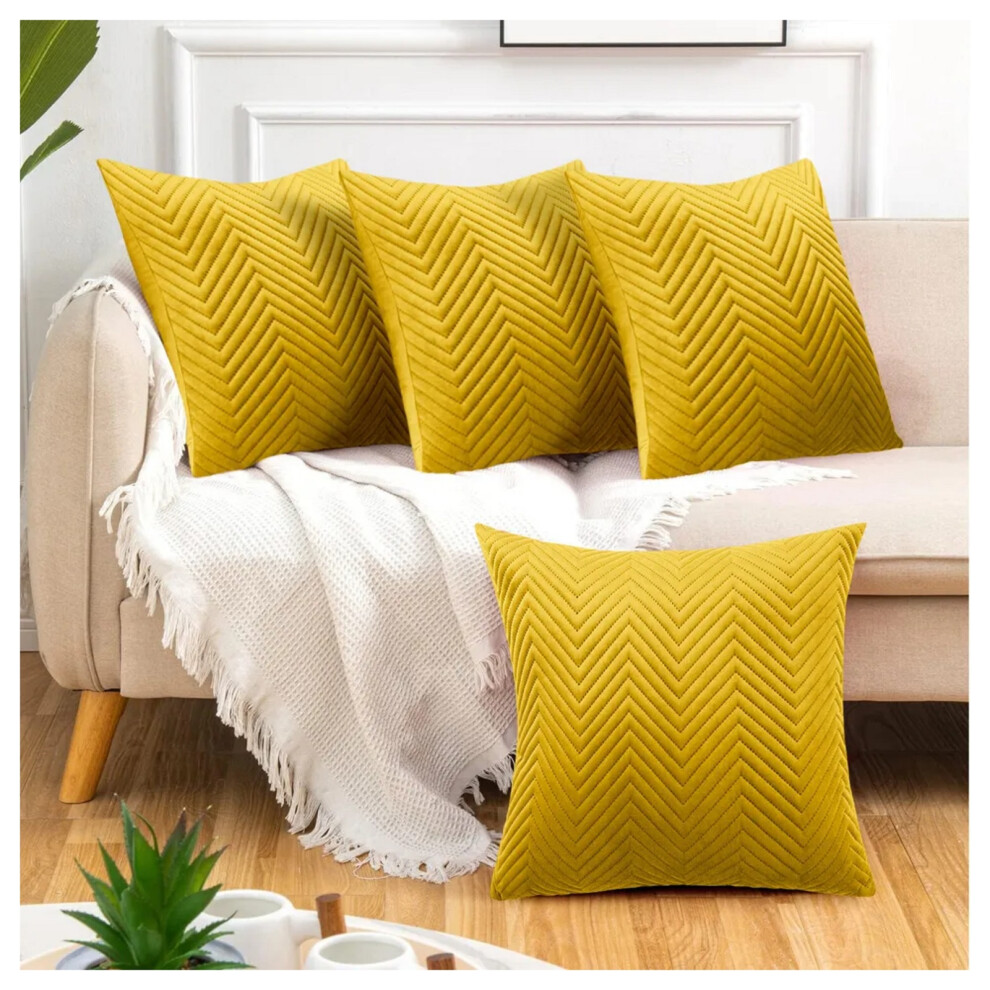 (Embossed Ochre/Yellow Velvet Cushion Cover, 4 Cushion Covers (Pack of 4)) Plush Velvet Soft Cushion Cover Throw Pillowcase