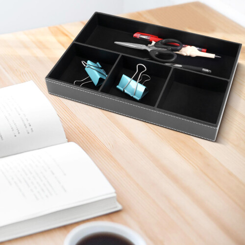 4 Slots Desk Drawer Organizer, Pu Leather Drawer Storage (Black) 2