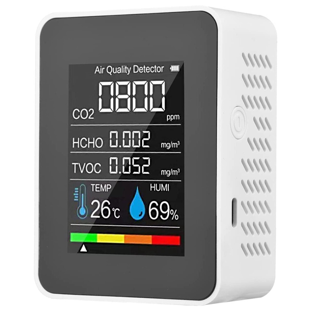 5 in 1 Air Quality Monitor, USB Rechargeable CO2 Detector White