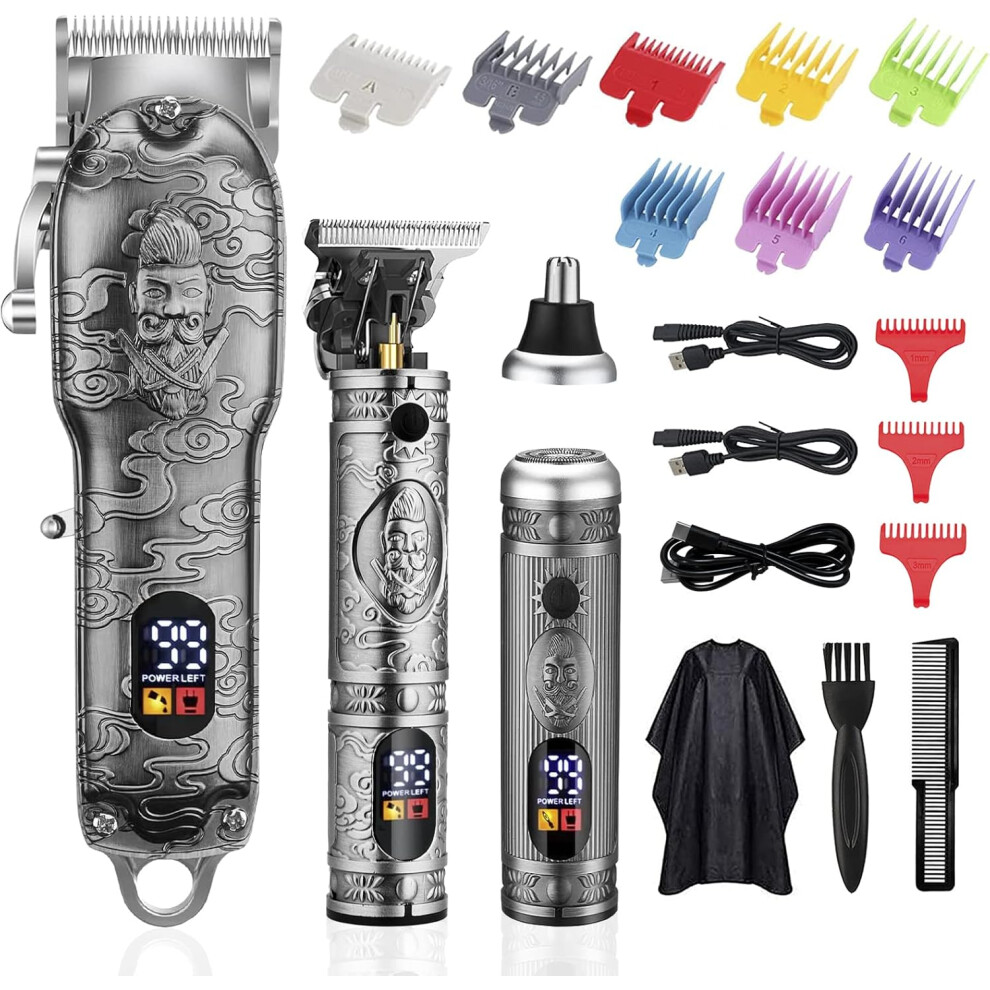Silver Professional Men's Hair Clipper Zero Gap Cordless Hair Trimmer Professional Haircutting Set (Hair Clipper + Hair Trimmer + Nose Hair Trimmer - )